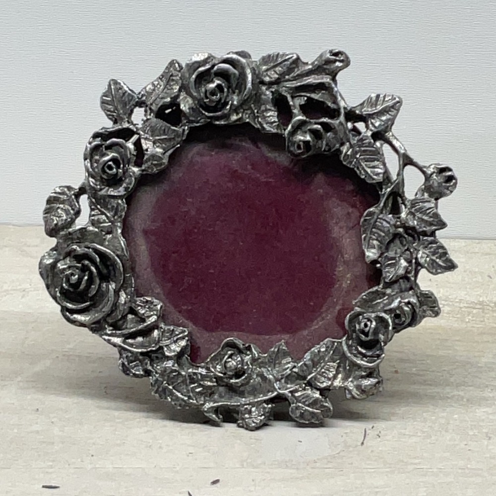 Vintage Ornate Pewter Tone Rose Floral Round Miniature Picture Frame Tabletop